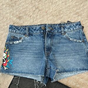 Denim Skull Embroidered Women's Shorts